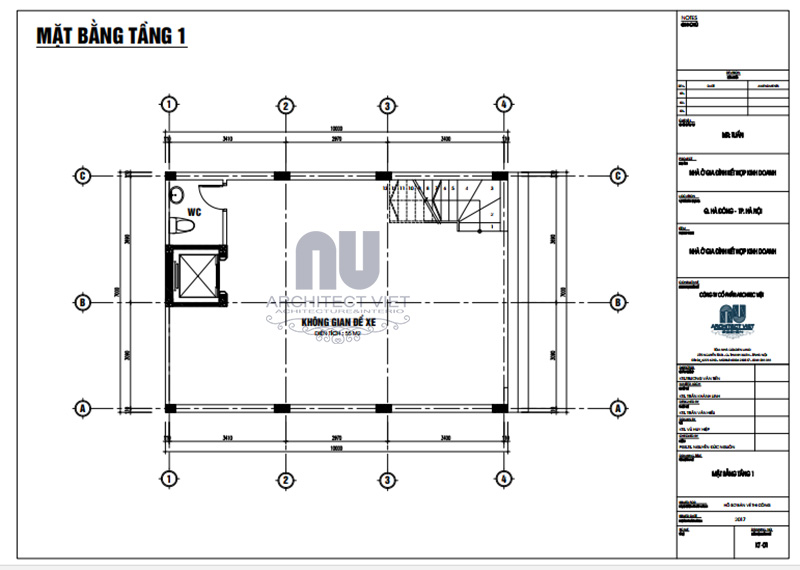 mặt bằng tầng 1 nhà phố hiện đại 7x10m