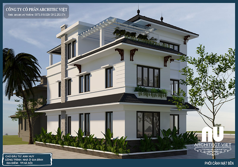 mặt bên biệt thự phối cảnh mặt sau biệt thự hiện đại 3 tầng 125m2