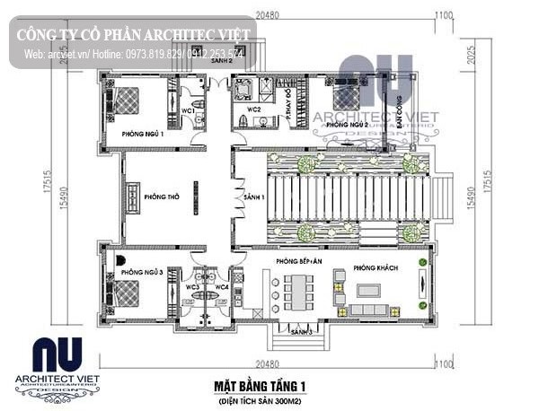 Mặt bằng biệt thự sân vườn mái thái 1 tầng 3 phòng ngủ 300m2 Mặt bằng biệt thự sân vườn mái thái 1 tầng 3 phòng ngủ 300m2